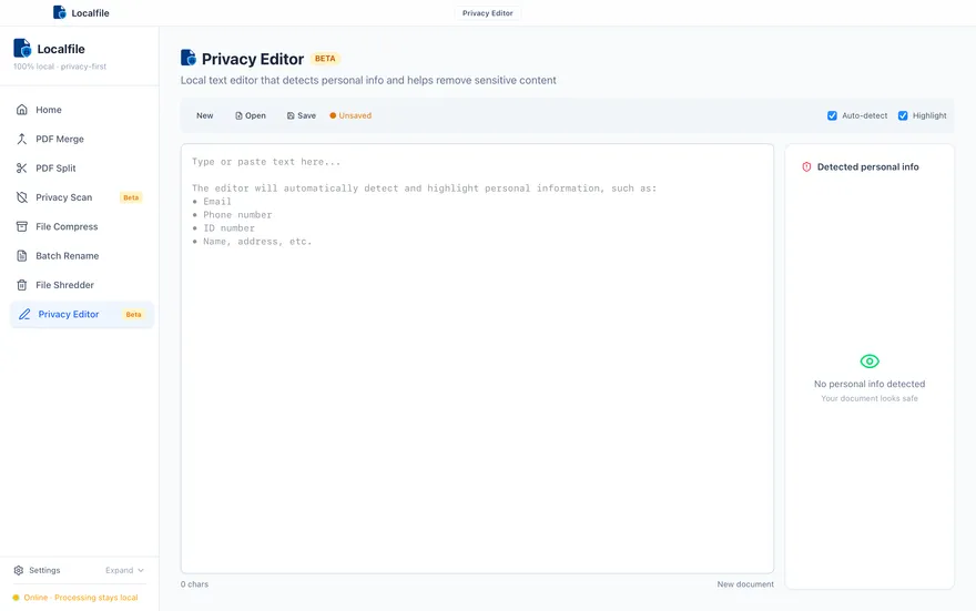 Localfile privacy editor tool screenshot